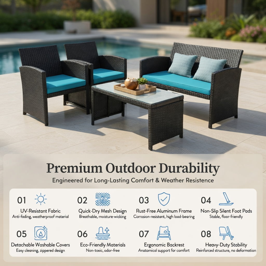 Hommoo 4-Piece Modern Black PE Rattan Patio Furniture Set with Weather-Resistant Cushions, Tempered Glass Coffee Table, Loveseat & 2 Single Sofas for Backyard, Poolside & Balcony, Turquoise