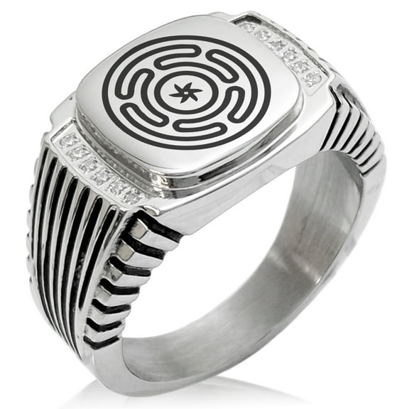 Stainless Steel Hecate Greek Goddess of Magic CZ Ribbed Needle Stripe Pattern Biker Style Polished Ring