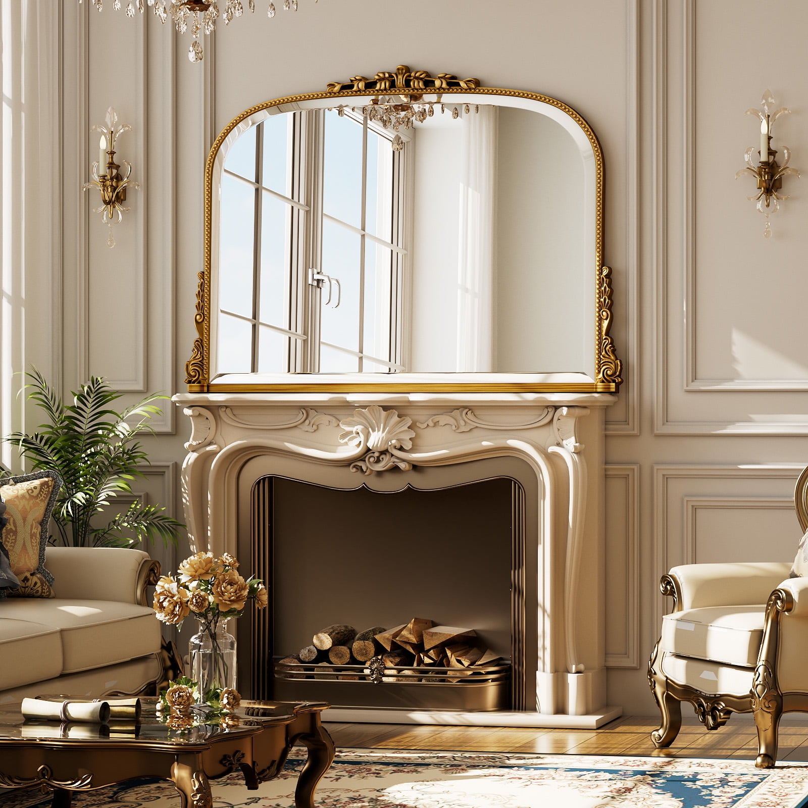 BEAUTYPEAK 44"x 32" Arched Vanity Mirror Vintage Decor Mirror Wall Mounted, Antique Gold