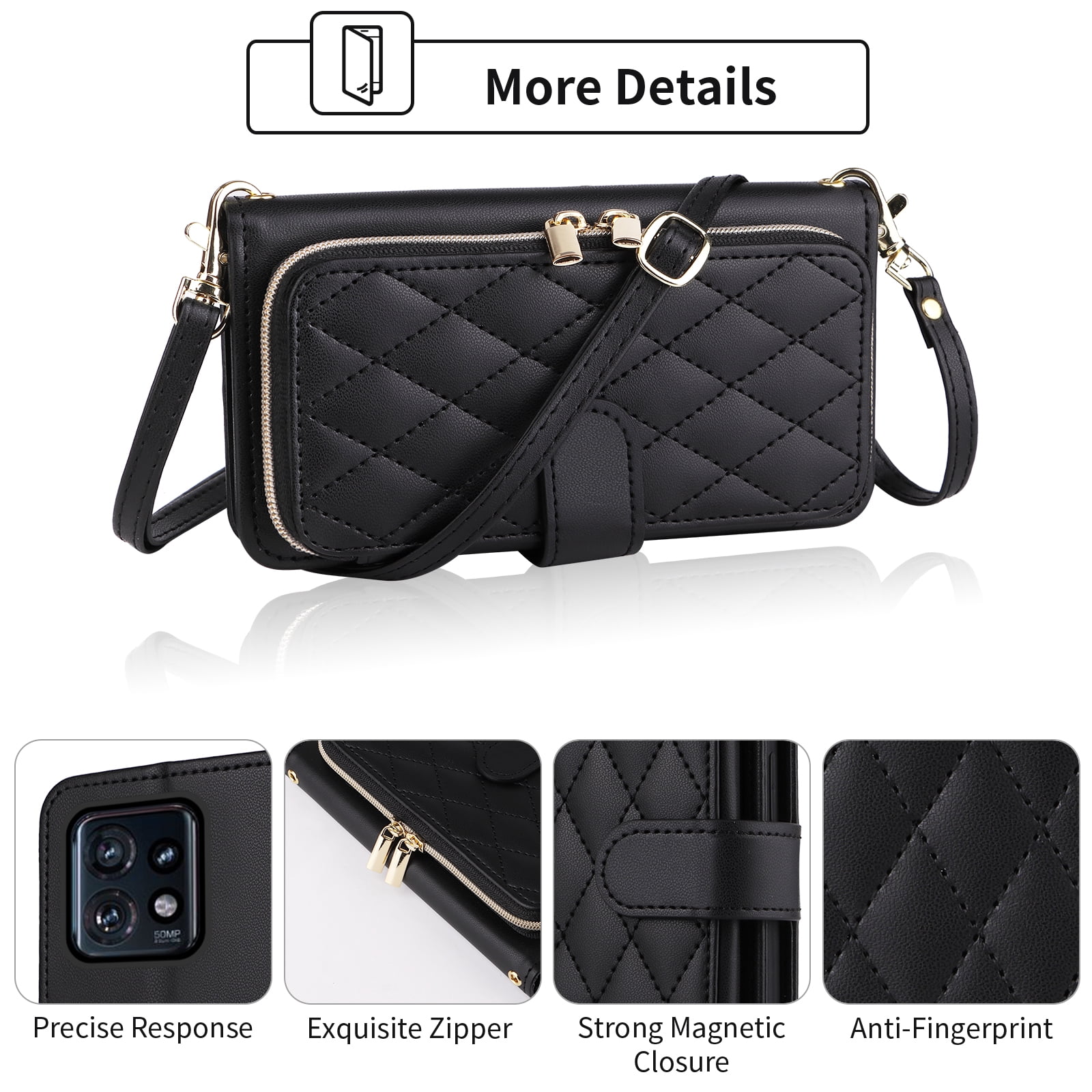 Furiet Argyle Wallet Case for Motorola Edge+ Plus 2023/Edge 40 Pro 5G/Moto X40 with Wrist/Shoulder Strap Slots Zipper Purse, Luxury PU Leather Card Holder Stand Cell Phone Cover for X + Black