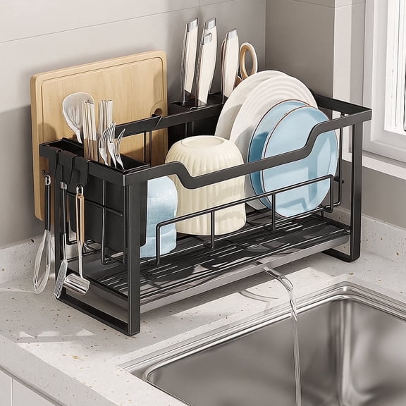 Luckytree Escurridor de Platos Compacto, Escurridor de Platos Estrecho Anti-óxido, Escurridor de Platos Pequeño para RV, Departamento, Cocina Pequeña, 6.5"An x 20.67"L, Negro