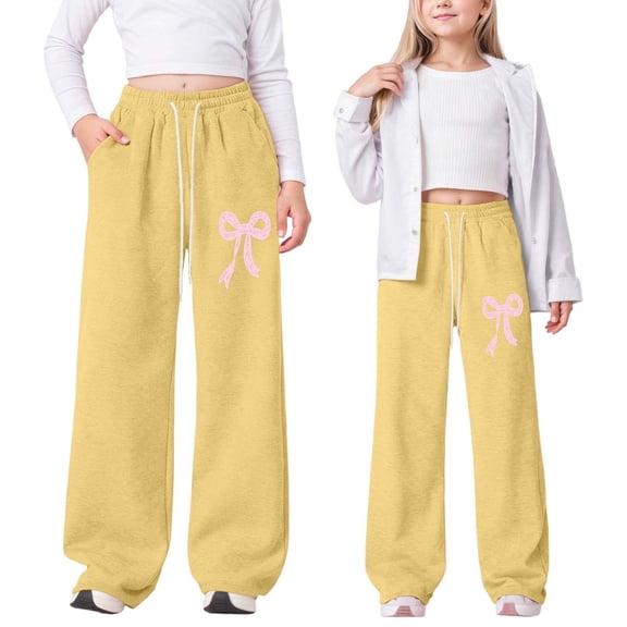 YUEHUA Kid Girls' Sweatpants Wide Leg Bow Tie Print Drawstring Casual Kids Joggers Open Bottom Loose Solid Teen Pants with Pockets, 8-9 Years