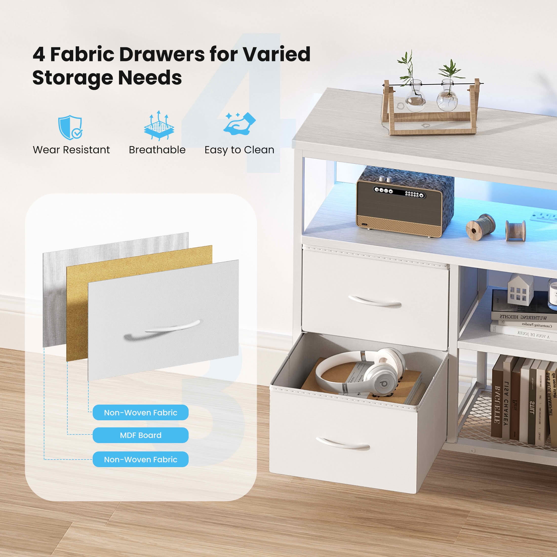 MAYEERTY 50-Inch TV Stand with 4 Drawers LED Lights & Power Sockets, Open Shelves Adjustable Feet