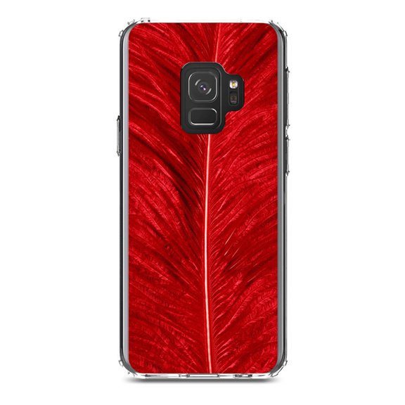 DistinctInk Clear Shockproof Hybrid Case for Samsung Galaxy S9 (5.8" Screen) - TPU Bumper, Acrylic Back, Tempered Glass Screen Protector - Red Feather Texture