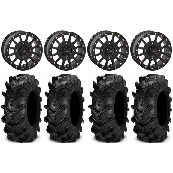 System 3 SB-5 Black 14" Wheels 30" Cryptid Tires Kawasaki Mule Pro FXT