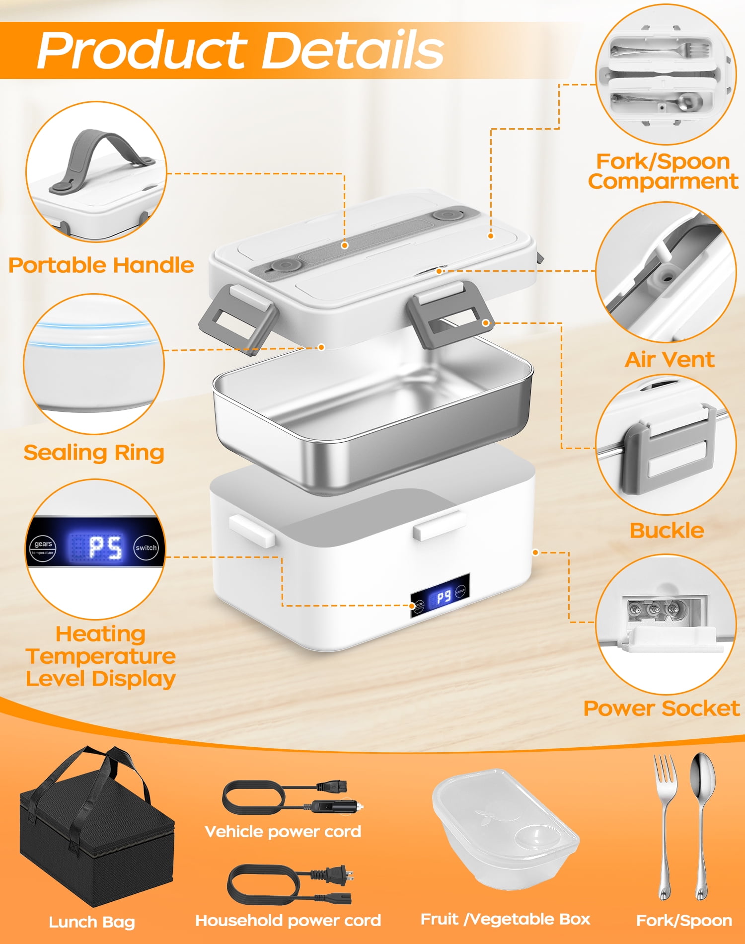 80W Electric Lunch Box, Food Warmer Heater  with 1.8L Container and Digital Screen, 12V 24V 110V Portable Heated Lunch Box