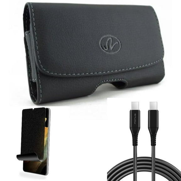 Case Belt Clip & Privacy Screen Protector & 10ft Long USB-C Cable for Samsung Galaxy S22 Plus (S22 ) - Combo Leather Swivel Holster & TPU Film (Fingerprint) Anti-Peep & PD Fast Charger Cord Power