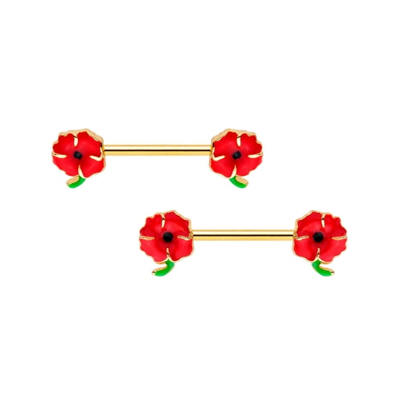 Body Candy 14G Womens Nipplerings Piercing Gold Tone PVD Steel 2Pc Red Poppy Flower Nipple Ring Set 14mm