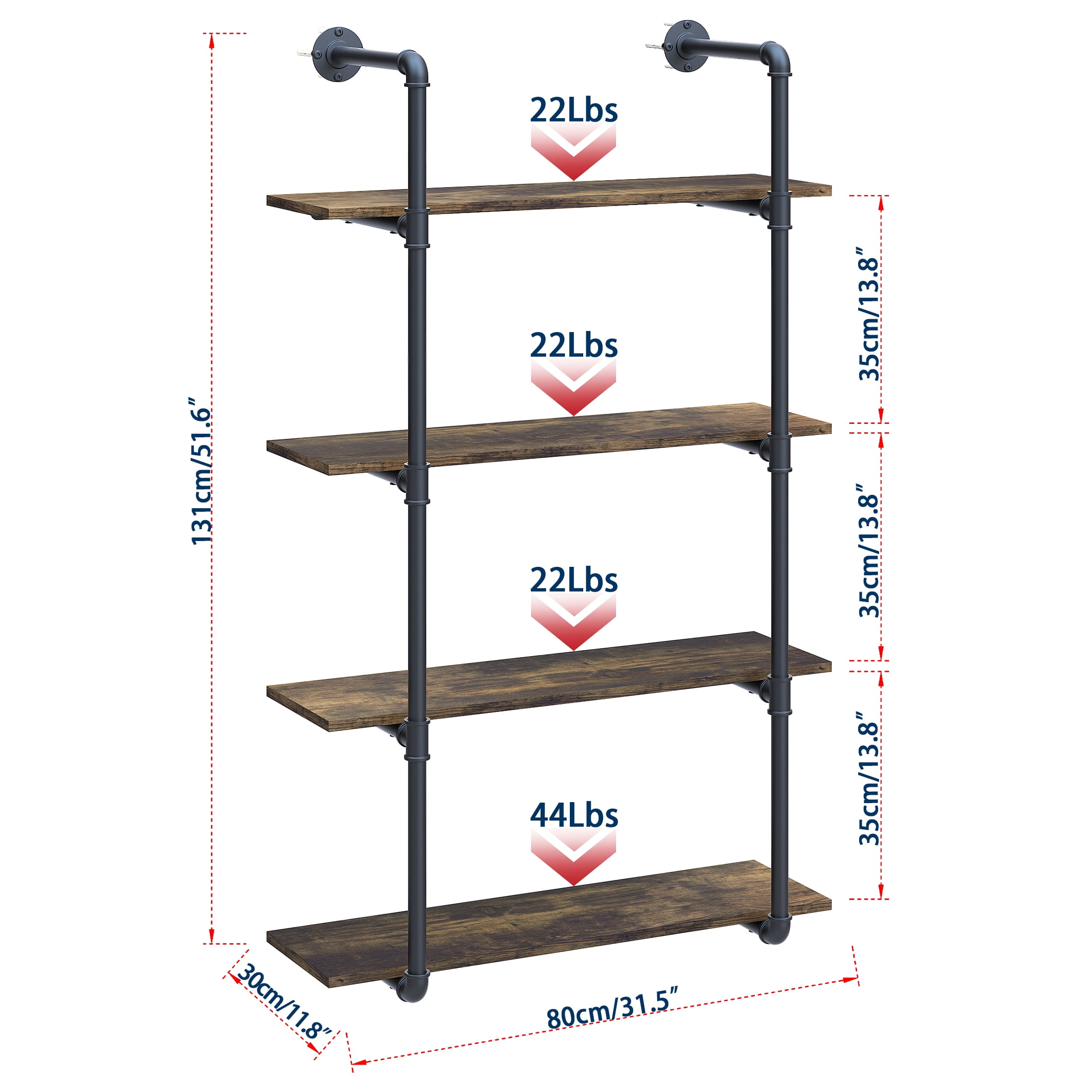 4 Tire Industrial Iron Pipe Shelf Heavy Duty Vintage Wall Mount