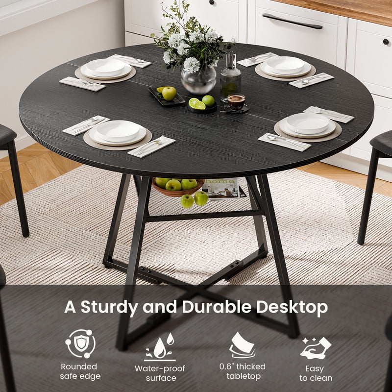 Gianna 47" Round Dining Table for 4-6, Space Saving Kitchen Table with Dual-Tier Storage, Pedestal Metal Frame, Industrial Farmhouse Circle Dinner Table for Apartment, Black