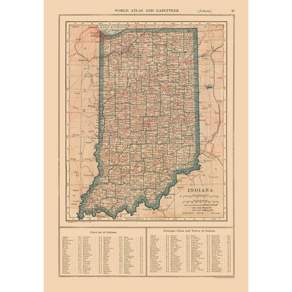 Historic State Map - Indiana - Reynold 1921 - 23 x 32.82 - Vintage Wall Art