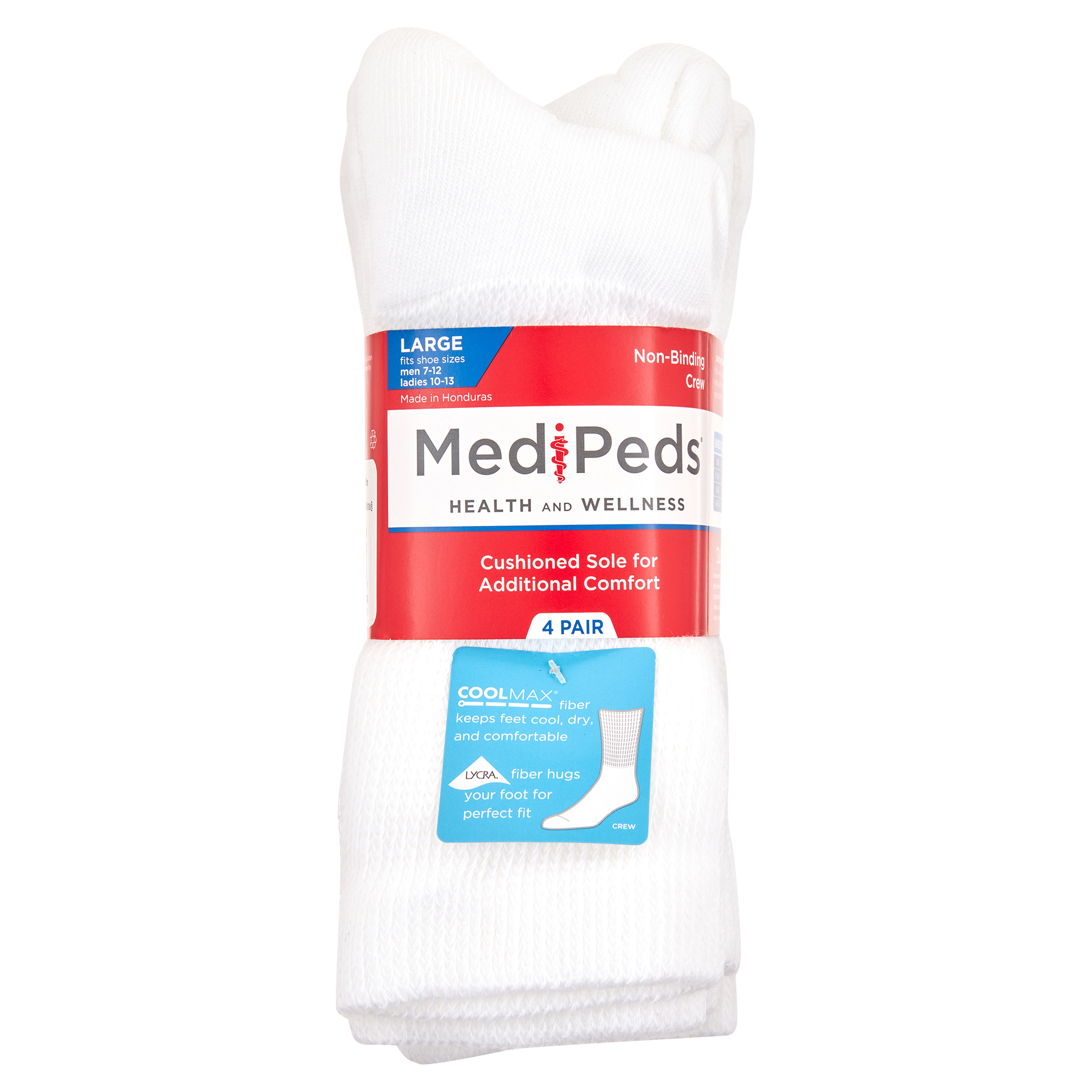 MediPeds Diabetic Crew Casual Socks with Non-Binding Top, Large, 4 Pack ...