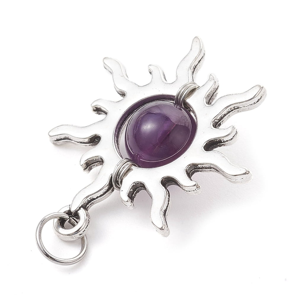 30sets 5pcs 5 styles Mixed Stone Round Pendants style Alloy Sun with 304 Stainless Steel Jump Rings Antique Silver 26.5x24x9mm Hole: 5mm 1pc/style