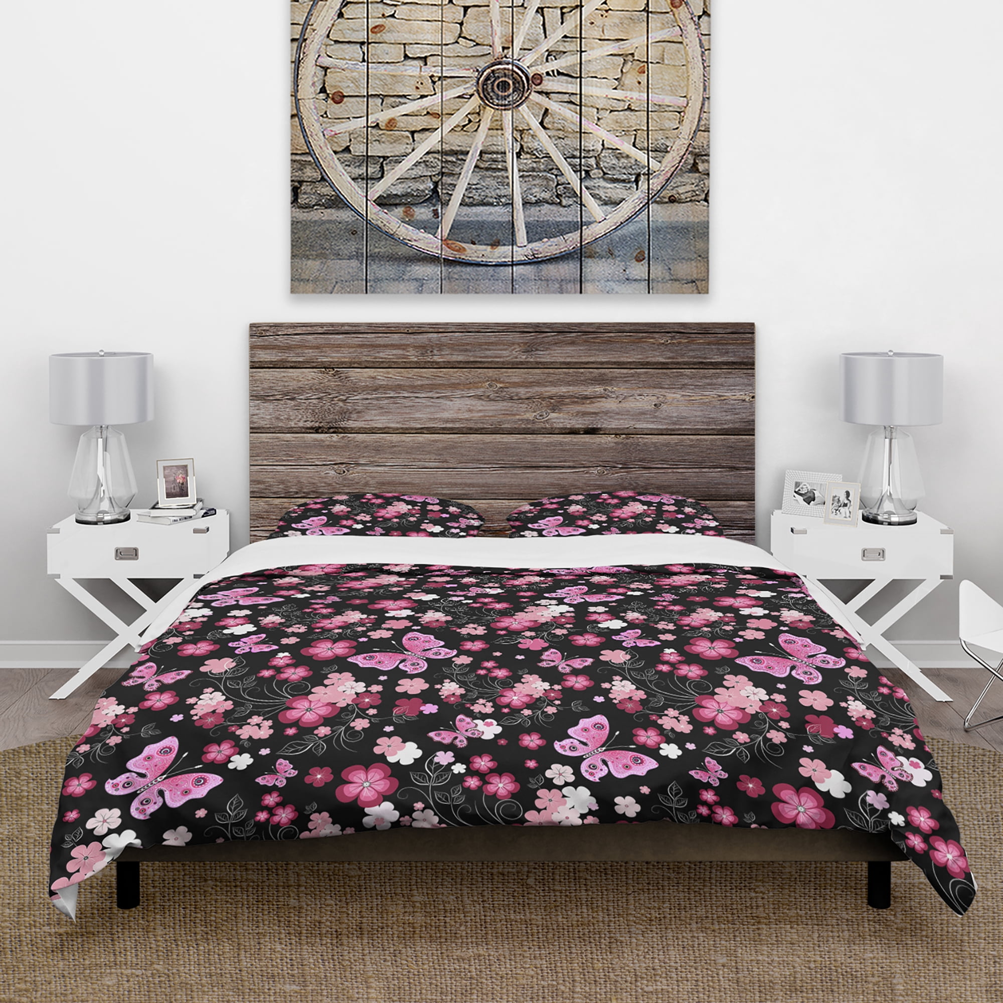 Designart 'Pink Stylized Flowers And Butterflies' Floral Duvet Cover Set