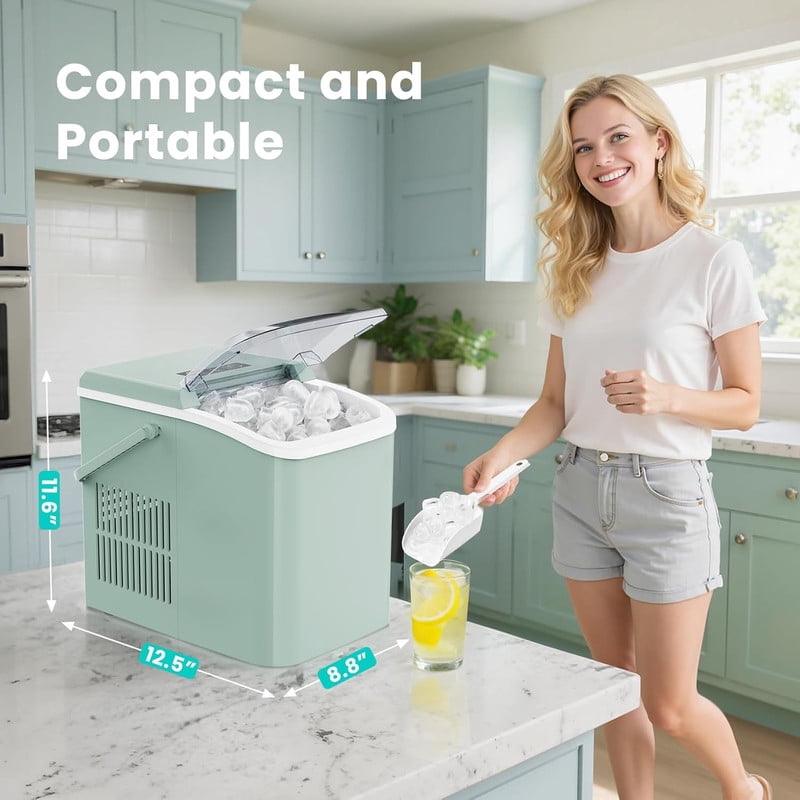 Simenmax Portable Ice Maker, Countertop Ice Machine with Handle & Basket, Compact for Home, RV, Camping, Parties – Green
