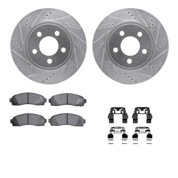 Dynamic Friction Company Front Brake Rotors-Drilled and Slotted-Silver with Heavy Duty Brake Pads includes Hardware 7212-99161