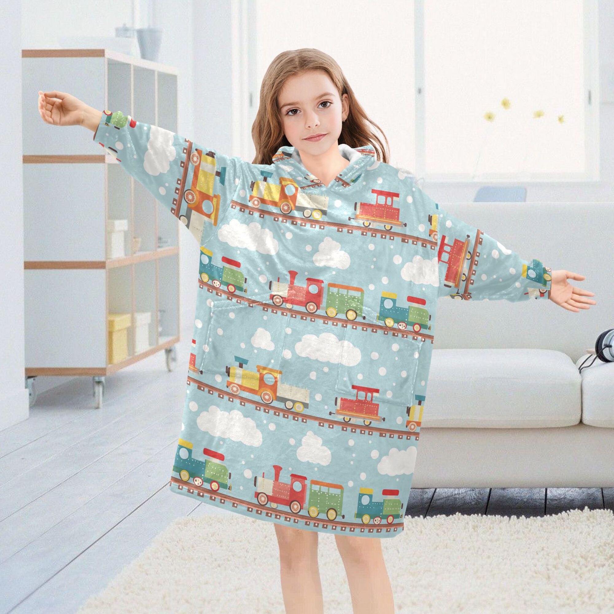 FORMRS Wearable Blanket Hoodie with Sleeves for Kids Cozy Flannel Sweatshirt, Red Trains Pattern
