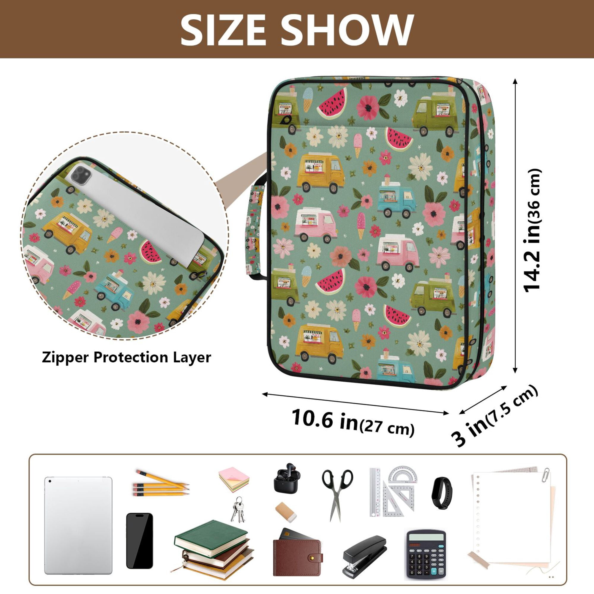FORMRS Accordion File Folder A4 Size 7-Pocket Expanding Document Organizer Bag with 3 Ring Binder, Green Cartoon Trucks Pattern