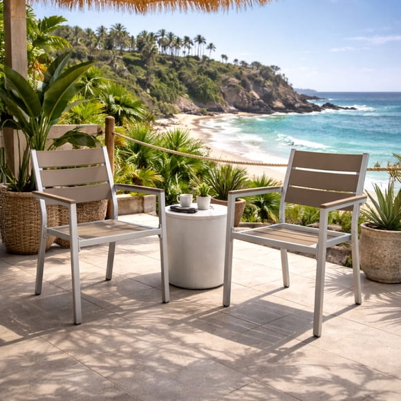 CorLiving Gallant Aluminum and Poly-Wood Stackable Outdoor Dining Chairs, Silver Grey/Taupe (Set of 2)