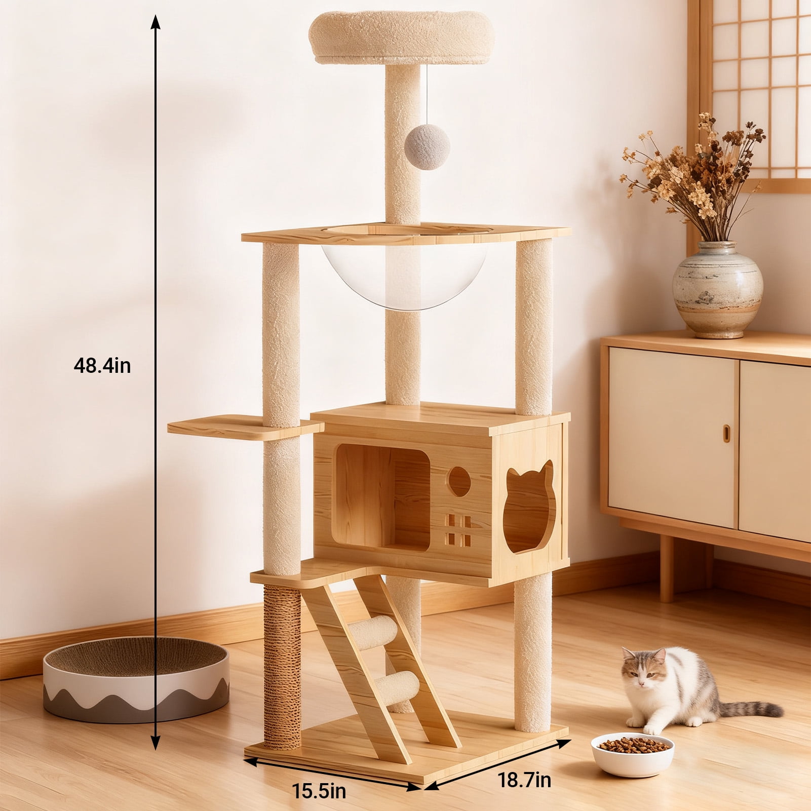 Vacmaster 48.8in Modern Cat Tower, Wood Cat Tree Tower for Indoor Cats, Cat Treewith Sisal-Covered Scratching Posts and Top Perch, Cat Condo with Acrylic Hammock for Small Large Cats