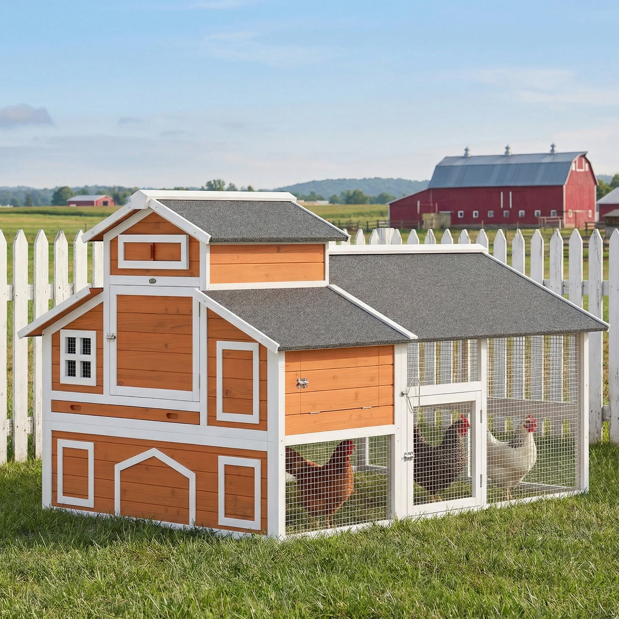 PawHut Chicken Coop with Run for 6 Chickens, Wooden Chicken House with Nesting Boxes and Pull-Out Tray, 79" x 54" x 47"