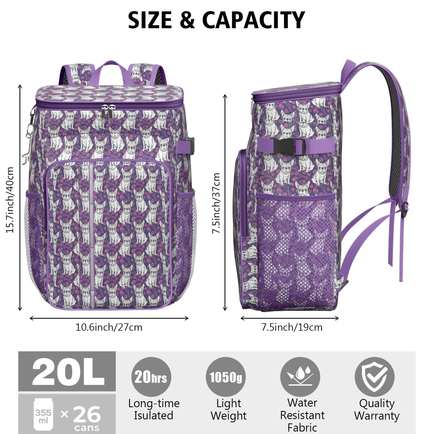 Travel Cooler Bag - Purple French Bulldog Camping Beer Cooler Backpack with Bottle Opener- Waterproof Insulated Picnic Backpacks - Cooler Bag for Beach