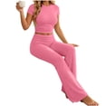 thumbnail image 4 of Womens 2 Piece Lounge Set Short Sleeve Crop Top Wide Leg Flare Pants Matching Pajamas Set Cozy Stretchy Y2k Sleepwear Casual Daily Outfit, Pink, M, 4 of 9