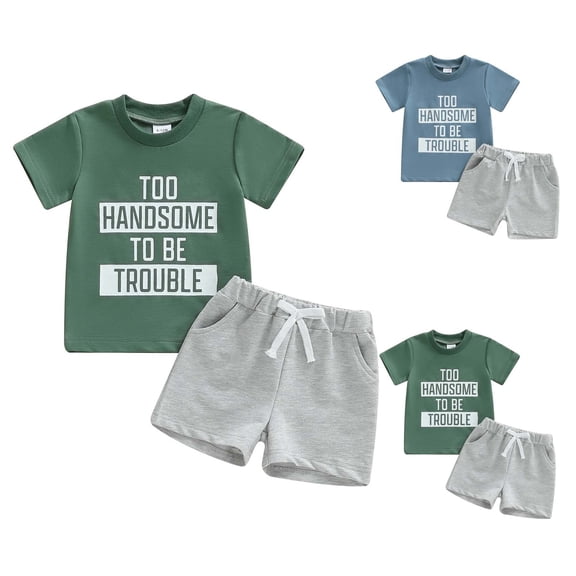 Nwiuh Toddler Kids Baby Boy Summer Clothes Sets 1T 2T 3T 4T 5T Letter Print Short Sleeve Tops Elastic Shorts Outfits Green for Size 4-5 Years