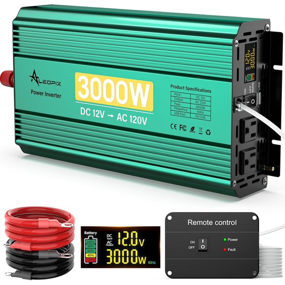 3000 Watt Inverter 12V to 110V/120V 6000W Peak Power Inverter for Vehicles, Modified Sine Wave AC to DC Converter for RV Home with 2 AC Outlets 3.4A USB Port LED Display Remote Controller