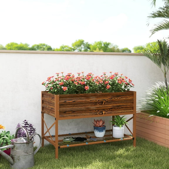 Outsunny Galvanized Raised Garden Bed, Metal Planter Box with Legs, Storage Shelf and Bed Liner, Dark Brown
