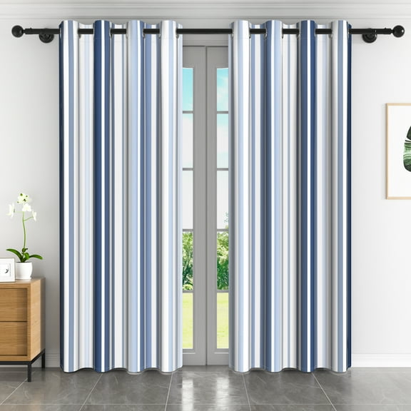 Lfeey Blackout Curtains 63 inches Long, Striped Printed Curtains for Bedroom, Insulated Lined, 42x63 inches, Navy and White, 2 Panels