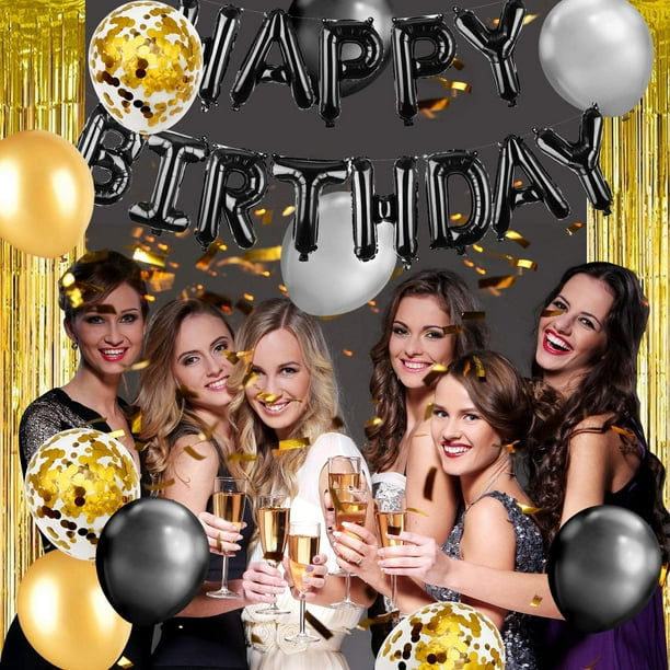 Ovanda Happy Birthday Banner – XXL Schwarz Gold – Mit Ballons, Flaschen & Geschenken – Für Drinnen & Draußen
