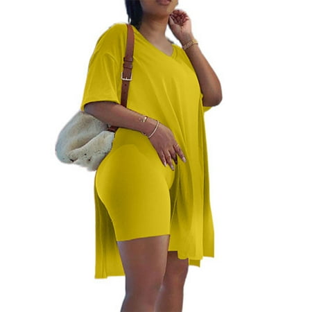 BLTIBY 2025 2 Piece Sets for Women Summer Solid Color Loose Short Sleeve V Neck Shirts Slim Shorts Set Fashion Outfits Yellow M