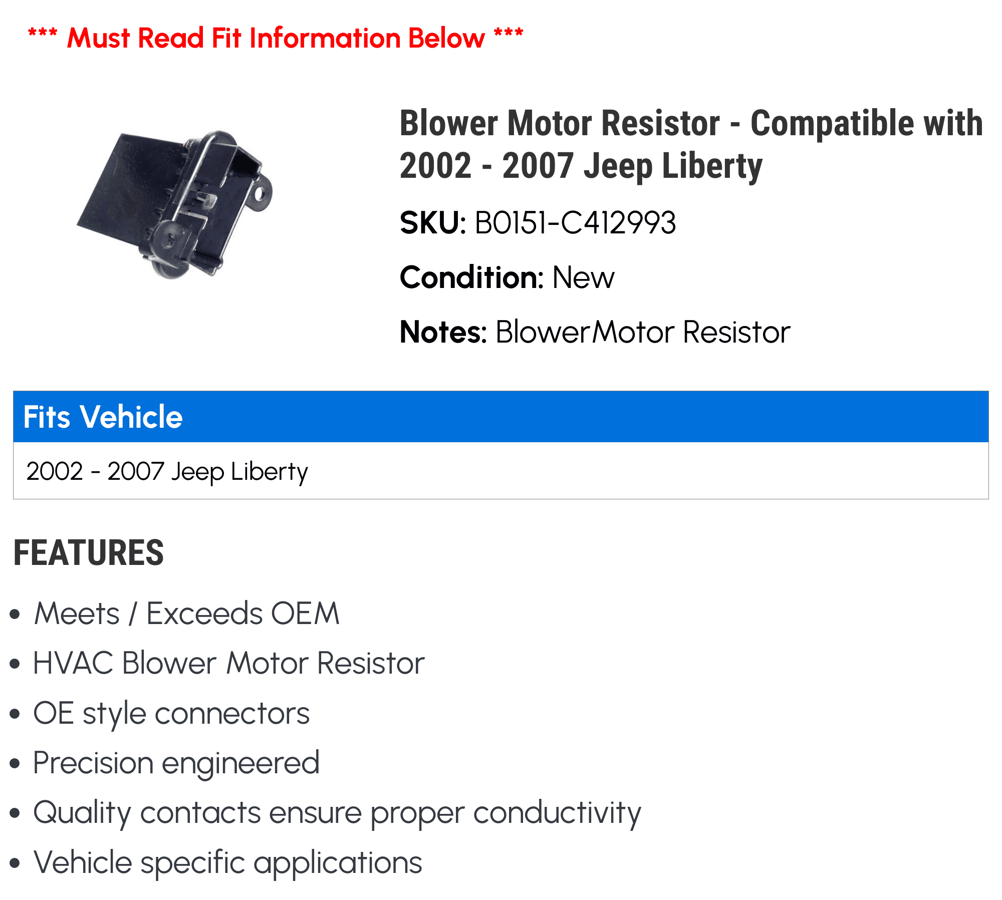 Blower Motor Resistor - Compatible with 2002 - 2007 Jeep Liberty 2003 2004 2005 2006