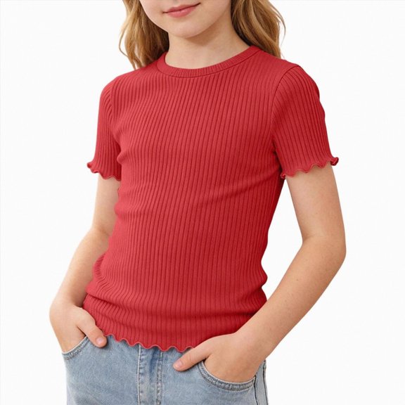 Duqingm Girls Ribbed Short Sleeve T Shirt Trim Crew Neck Tops Basic Tee Cute Casual Shirt for Kids Teens Red,15-16 Years