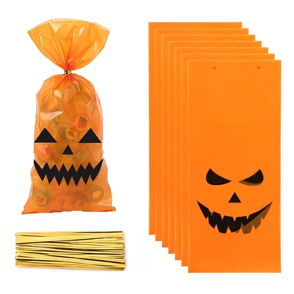 Halloween Treat Bags 50-Pack with Clear Cellophane Design, Candy and Cookie Packaging with Twist Ties, Party Favor Supplies for Gift Giving