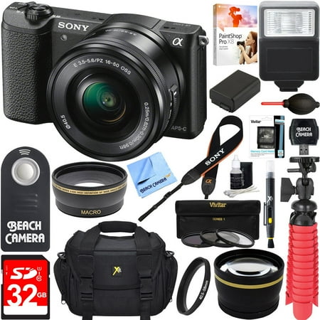 Sony Alpha a5100 HD 1080p Mirrorless Digital Camera Black + 16-50mm Lens Kit + 32GB Accessory Bundle + DSLR Photo Bag + Extra Battery + Wide Angle Lens + 2x Telephoto Lens + Flash + Remote + (Best Compact Mirrorless Camera)