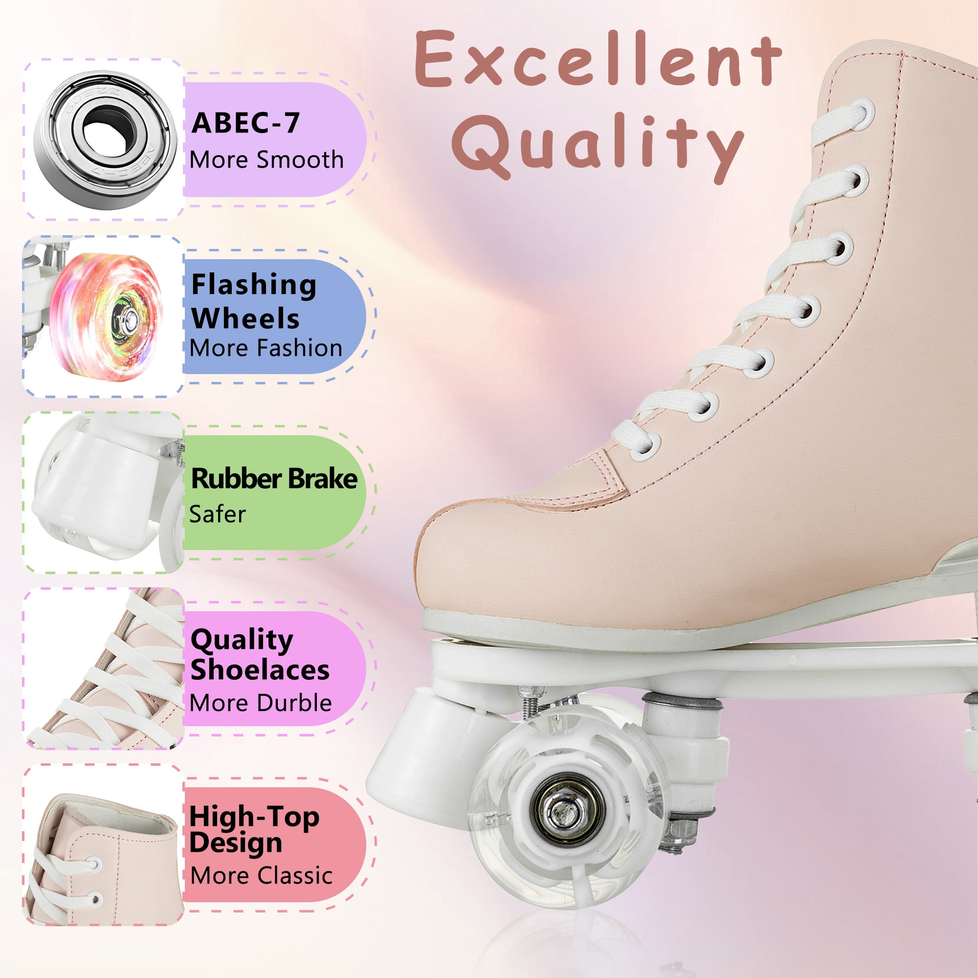 LPAMEOIU Teen Roller Skate with Light-up-Wheel, Quad Skate for Adult, Pink(Women 6.5/Men 5)