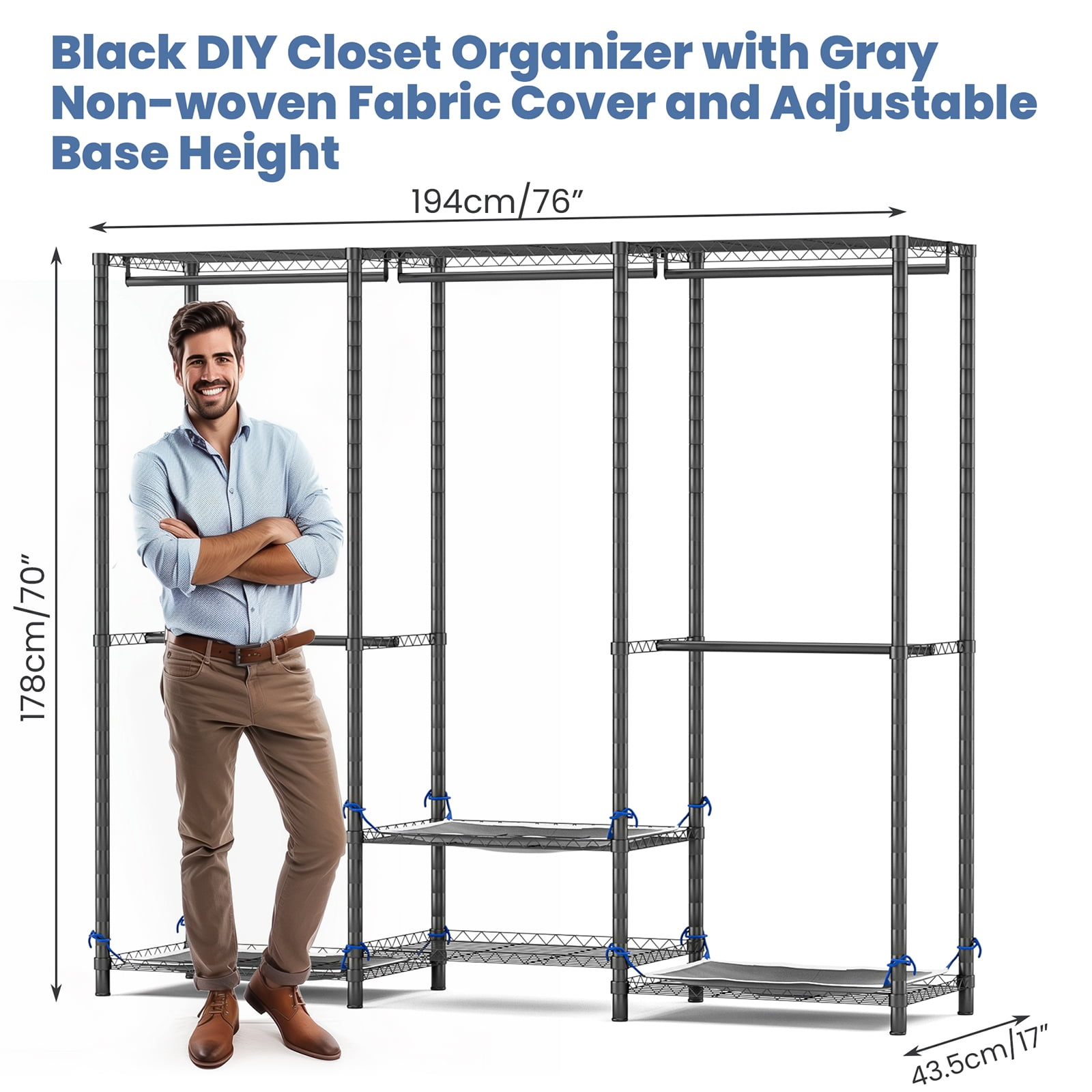 Baokaler Portable Closet Wardrobe 800LBS Heavy Duty Wire Garment Rack with Gray Fabric Cover, Metal Clothes Rack Freestanding Closet Organizer Portable Adjustable Wardrobe for Bedroom, Black