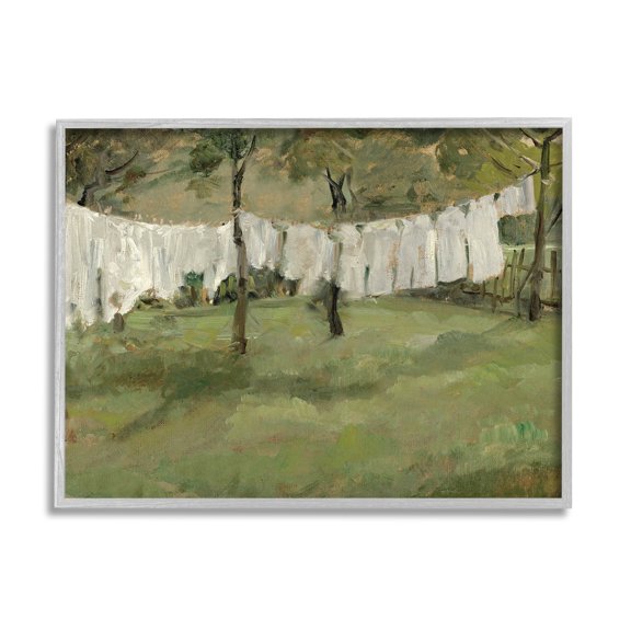 Soothing Yard Clothesline Scene Landscape Painting Gray Framed Art Print Wall Art
