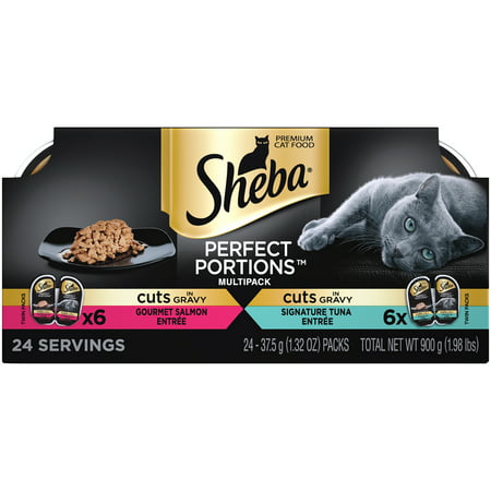 (12 Pack) Sheba Perfect Portions Wet Cat Food Cuts in Gravy Gourmet Salmon Entree & Signature Tuna Entree Variety Pack, 2.6 oz. Twin-Pack