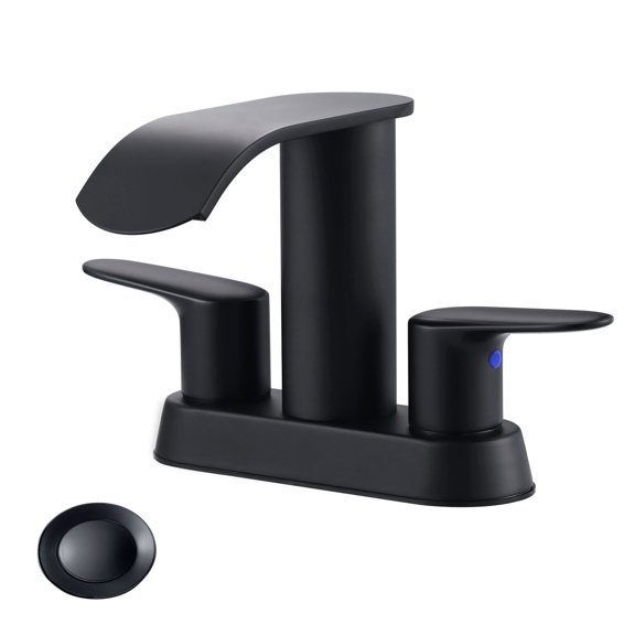 WOWOW Waterfall Bathroom Sink Faucet,Matte Black Two Handles Bathroom Faucet with Metal Pop up Sink Drain Stopper, 2 or 3 Holes Bathroom Basin Lavatory Mixer Tap with Deck Mount Plate
