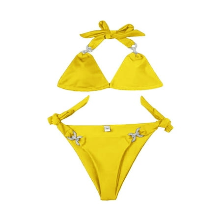 JIANJIA Swim Suits for Women Summer Rhinestone Solid Color Lace Up Halter Sexy Brassiere With Thongs Split Brazilian Two Piece Bikinis Swimwears Beachwear Yellow S