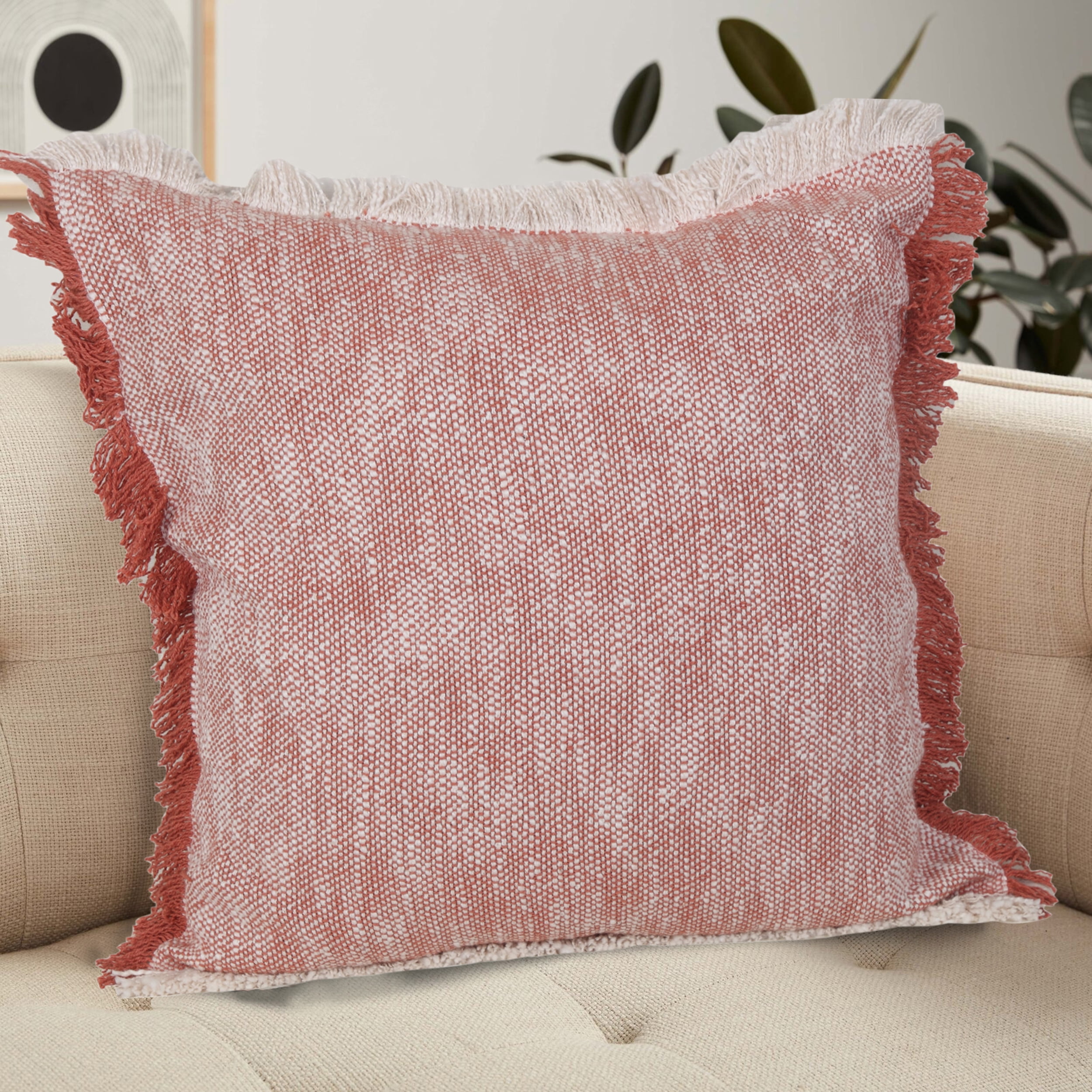 Harlow Hill Bennett 20" x 20" Bordered Cotton Adult Decorative Feather Filled Pillow, Auburn Red/White