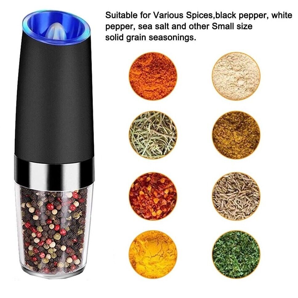 XEENSO 2 Pack Electric Pepper and Salt Grinder Set, Adjustable Coarseness, Battery Powered with LED Light, One Hand Automatic Operation, Stainless Steel, Black