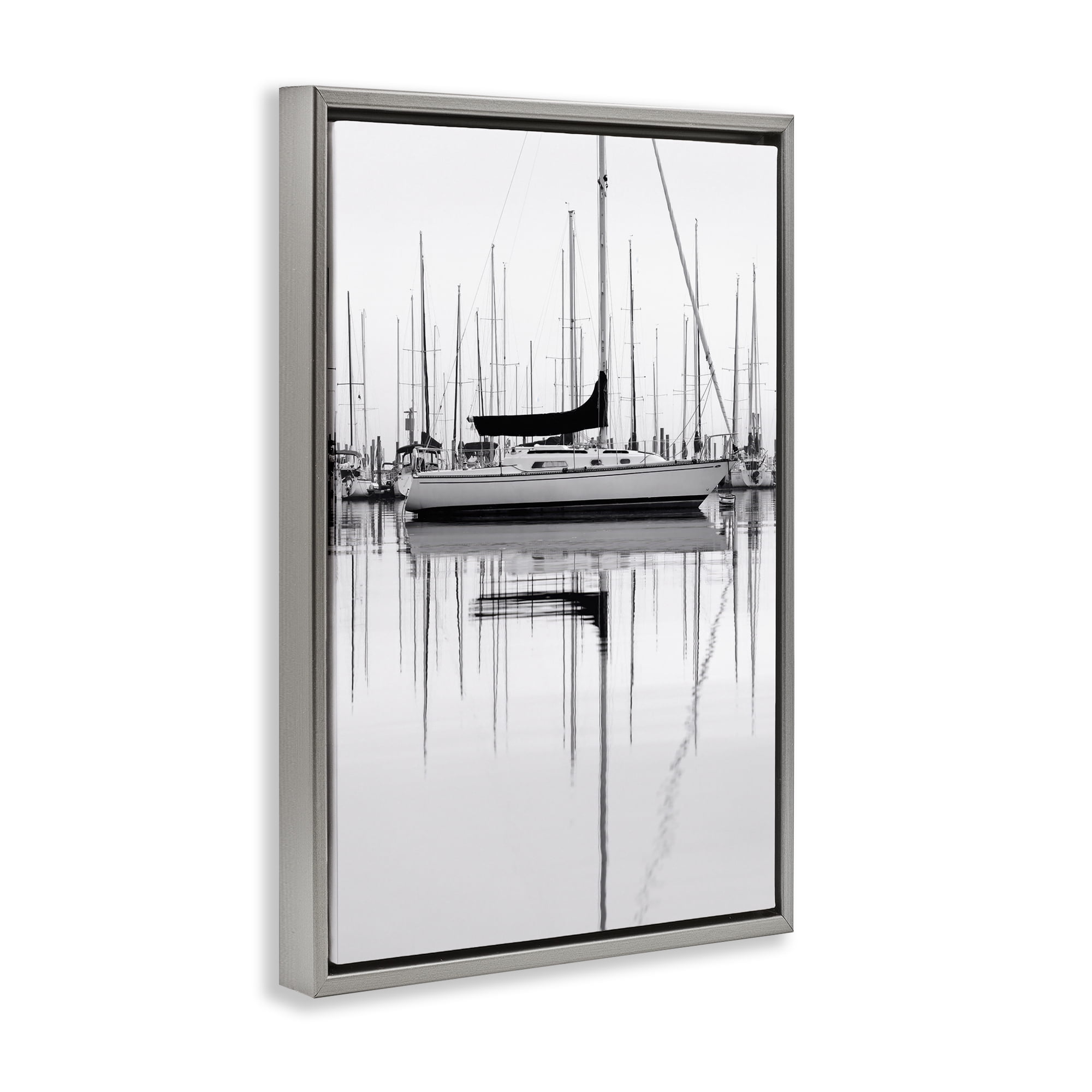 Stupell Industries Monochrome Boat Harbor Transportation Photography Gray Floater Framed Canvas Art Print Wall Art, 21 x 31
