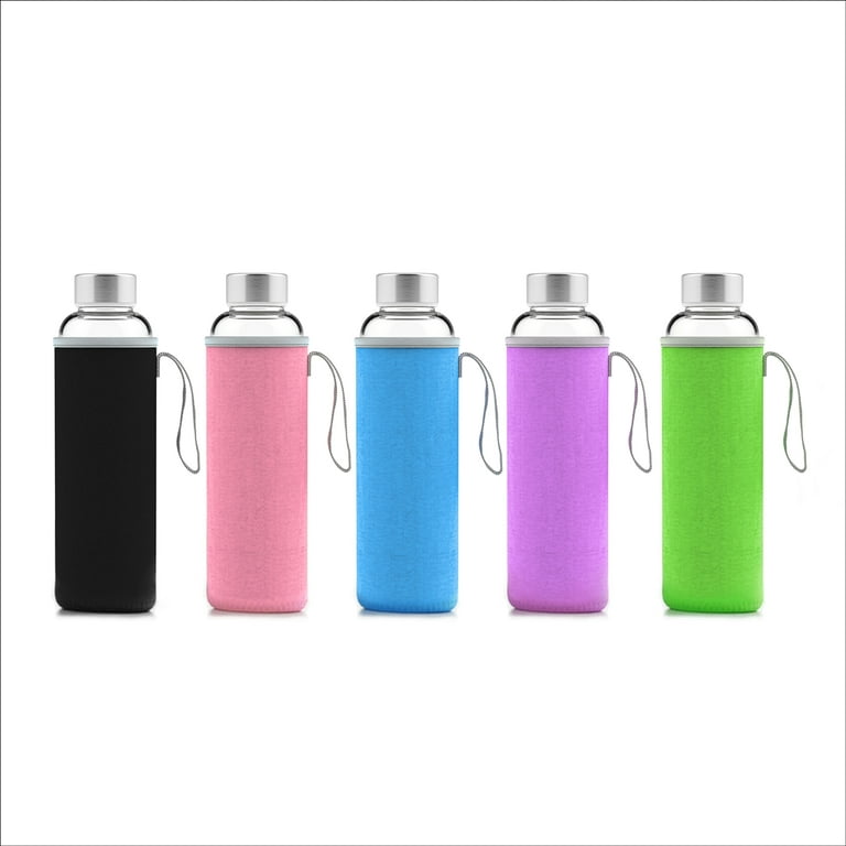 24 Pack) 18 oz. Clear Glass Water Bottle with Sleeve and Stainless St
