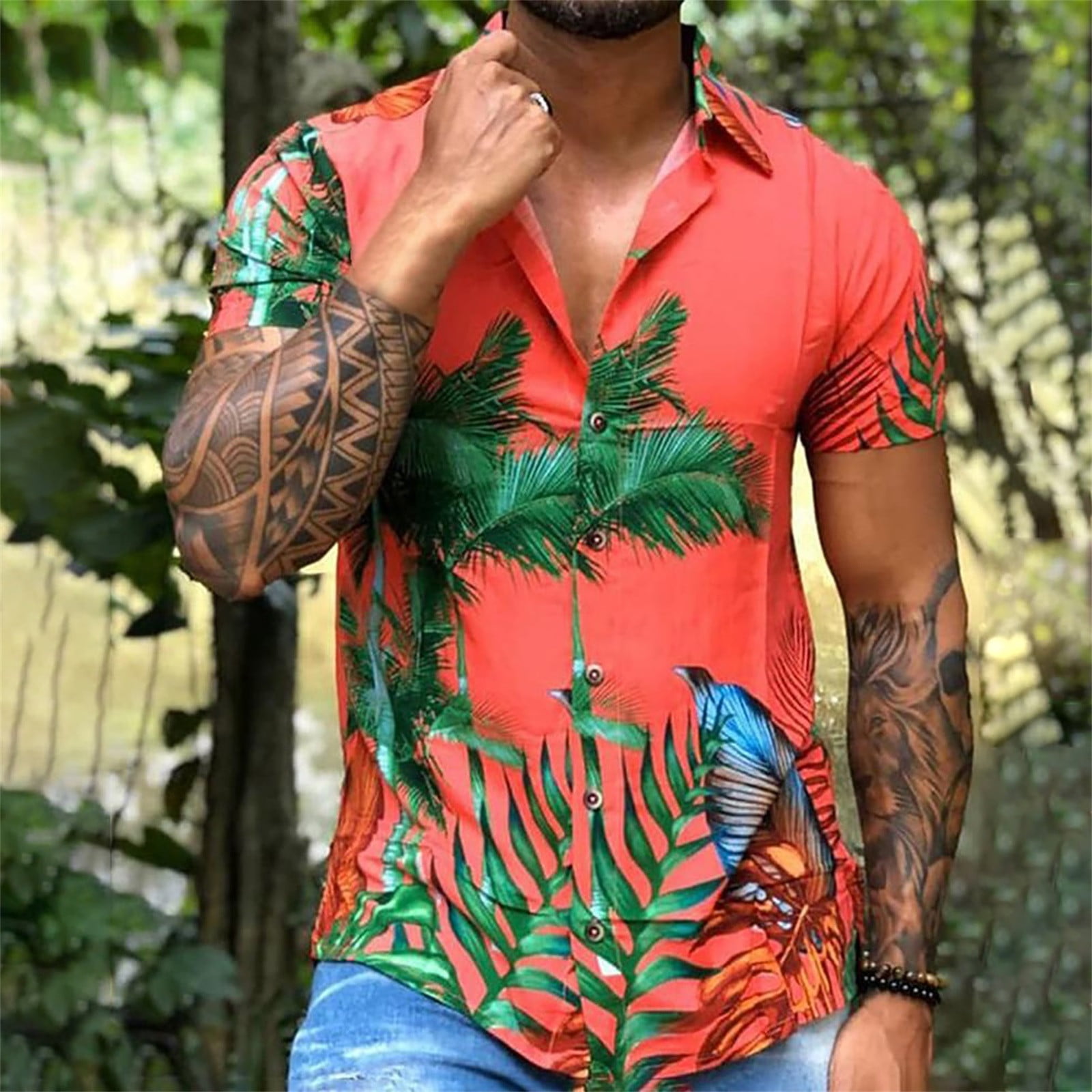 tigger ekstremister lukke cllios Men's Tropical Print Hawaiian Shirts Summer Lapel Button Down T-shirt  Loose Short Sleeve Tee Beach Holiday Blouse - Walmart.com
