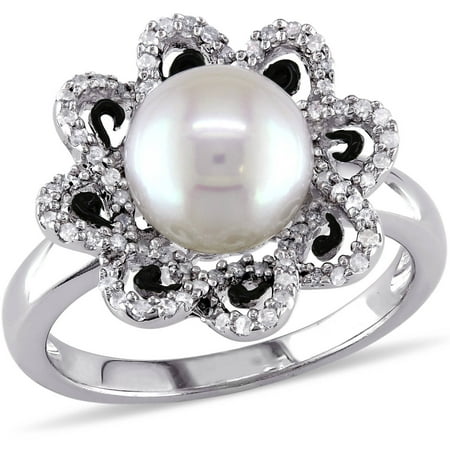 Miabella 8-8.5mm White Round Freshwater Cultured Pearl and 1/4 Carat T.W. Diamond Sterling Silver Flower Design Cocktail Ring
