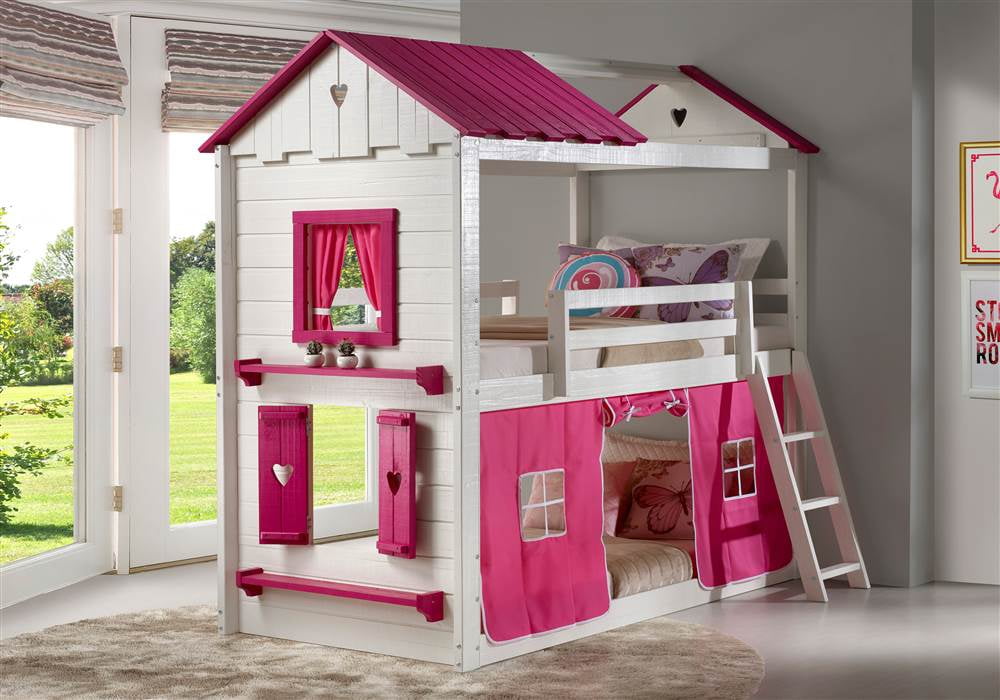 Donco Kids Sweetheart Twin over Twin House Bunkbed with Pink Tent, Twin over Twin, White & Pink